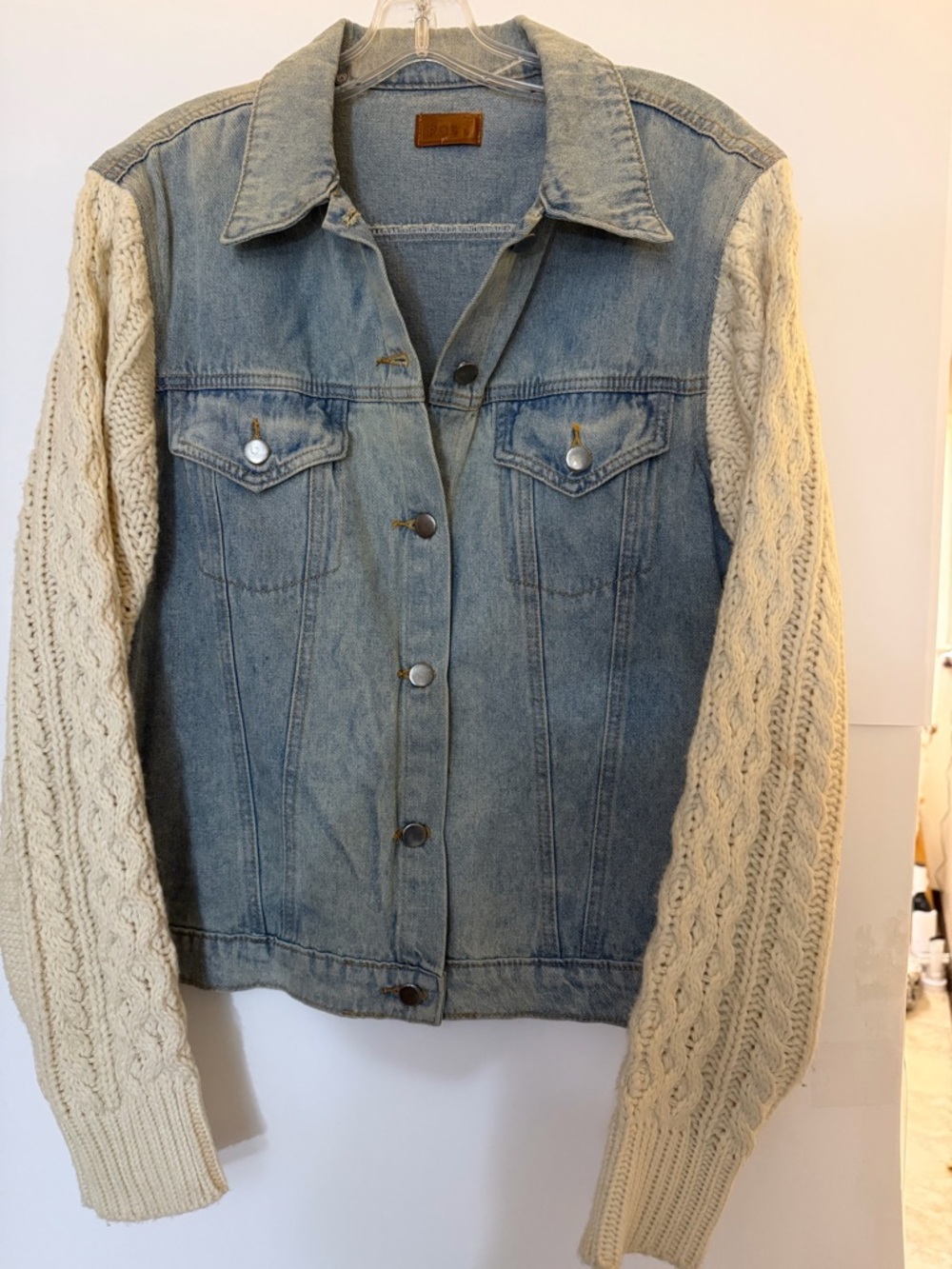 POL Blue Denim Jacket with Brown Leather Patch